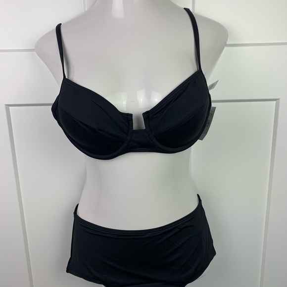 NWT Ann Taylor LOFT LARGE Black Bikini Swim Suit High Rise Underwire - Picture 2 of 6